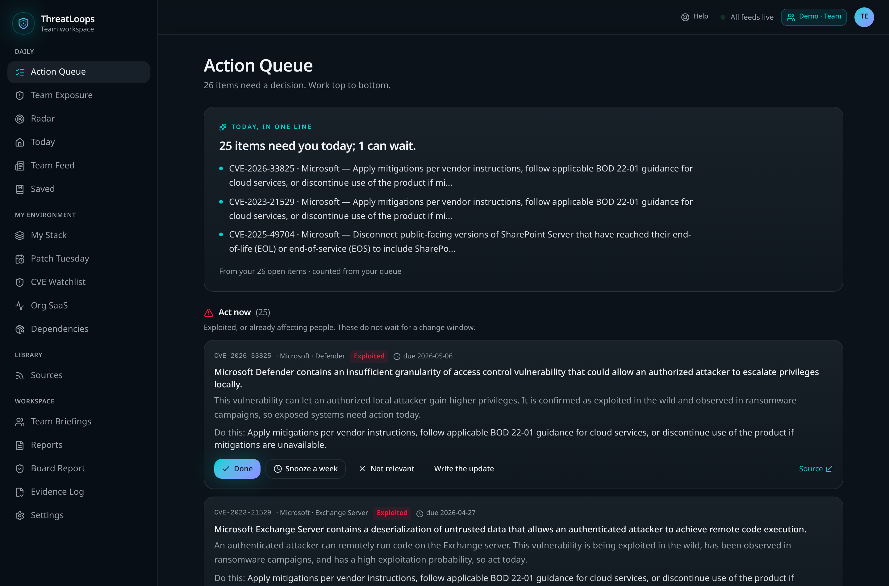 ThreatLoops Action Queue screen