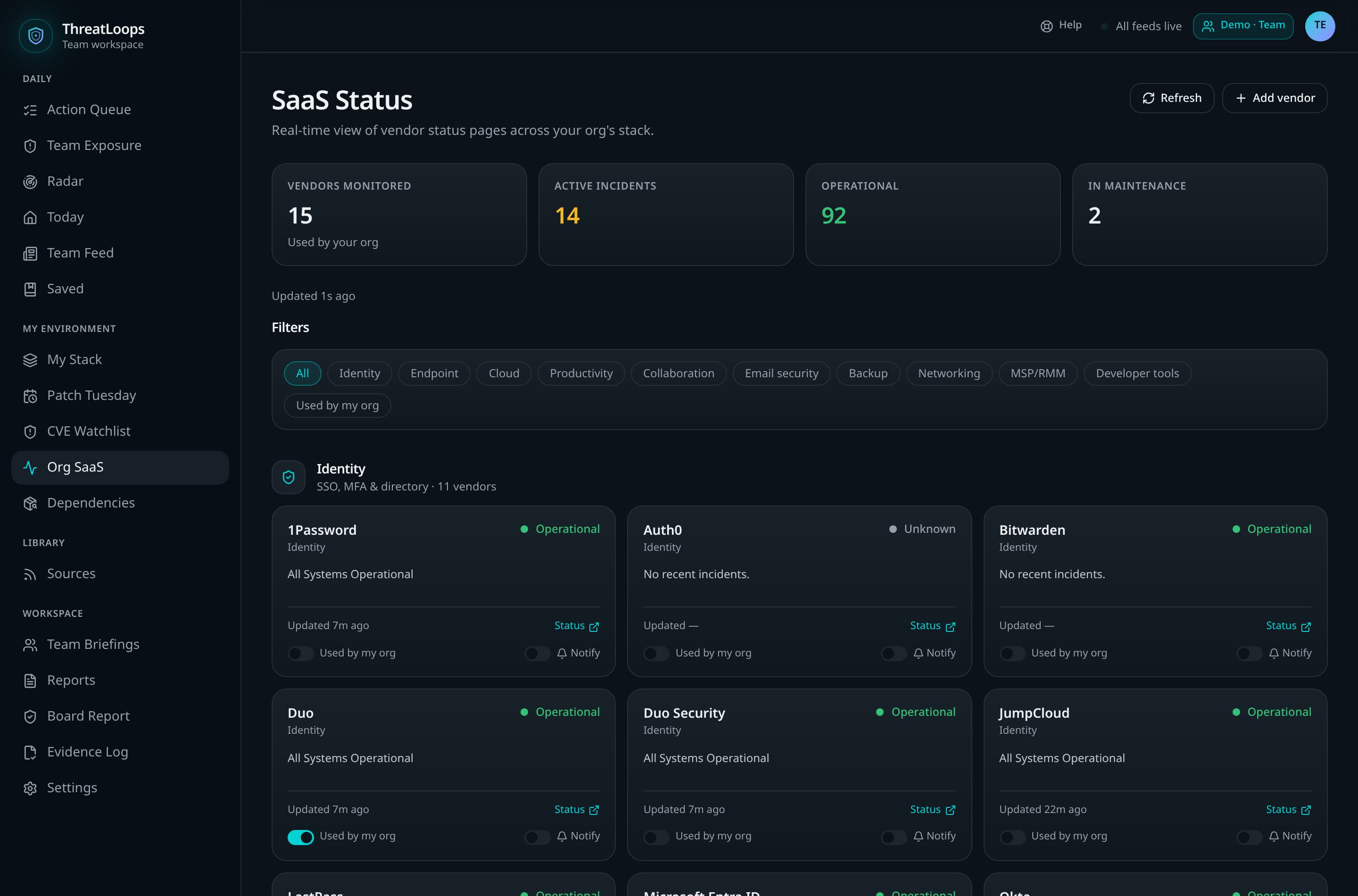 ThreatLoops SaaS status board showing live vendor status by category